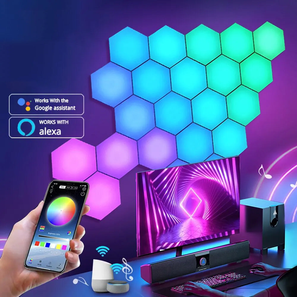 Luzes LED RGB Hexagonais - Inteligentes, Controlo por Voz e App, Wi-Fi ou Bluetooth Luzes LED RGB Hexagonais - Inteligentes, Controlo por Voz e App, Wi-Fi ou Bluetooth